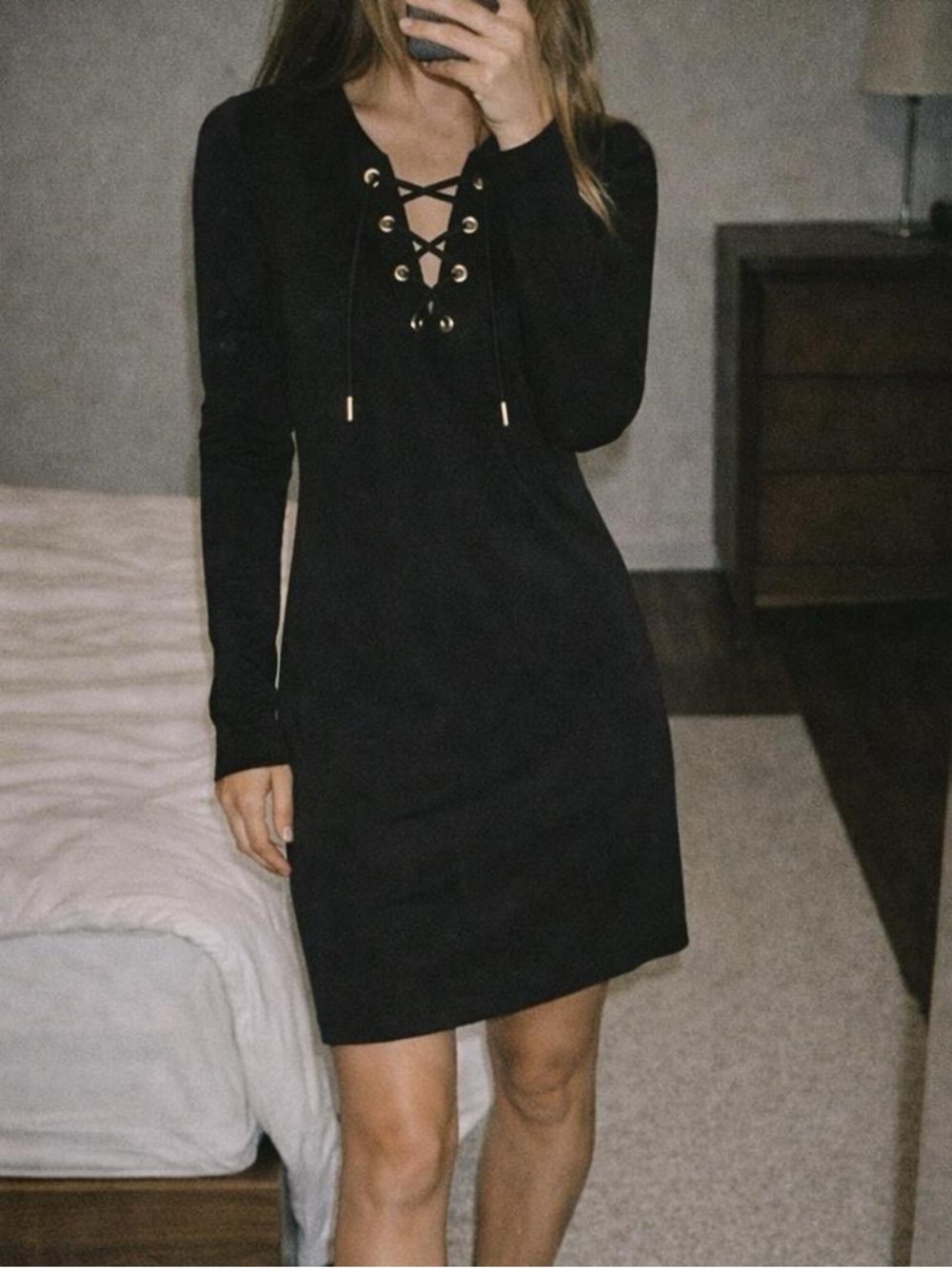 Calvin Klein Black Lace-Up Long Sleeve Mini Dress